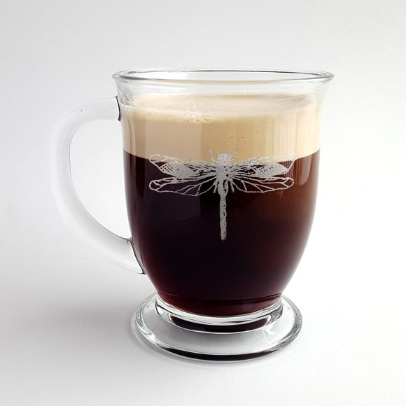 Dragonfly 16oz Glass Coffee Mug, Engraved Tea Cup - Picture 4 of 4